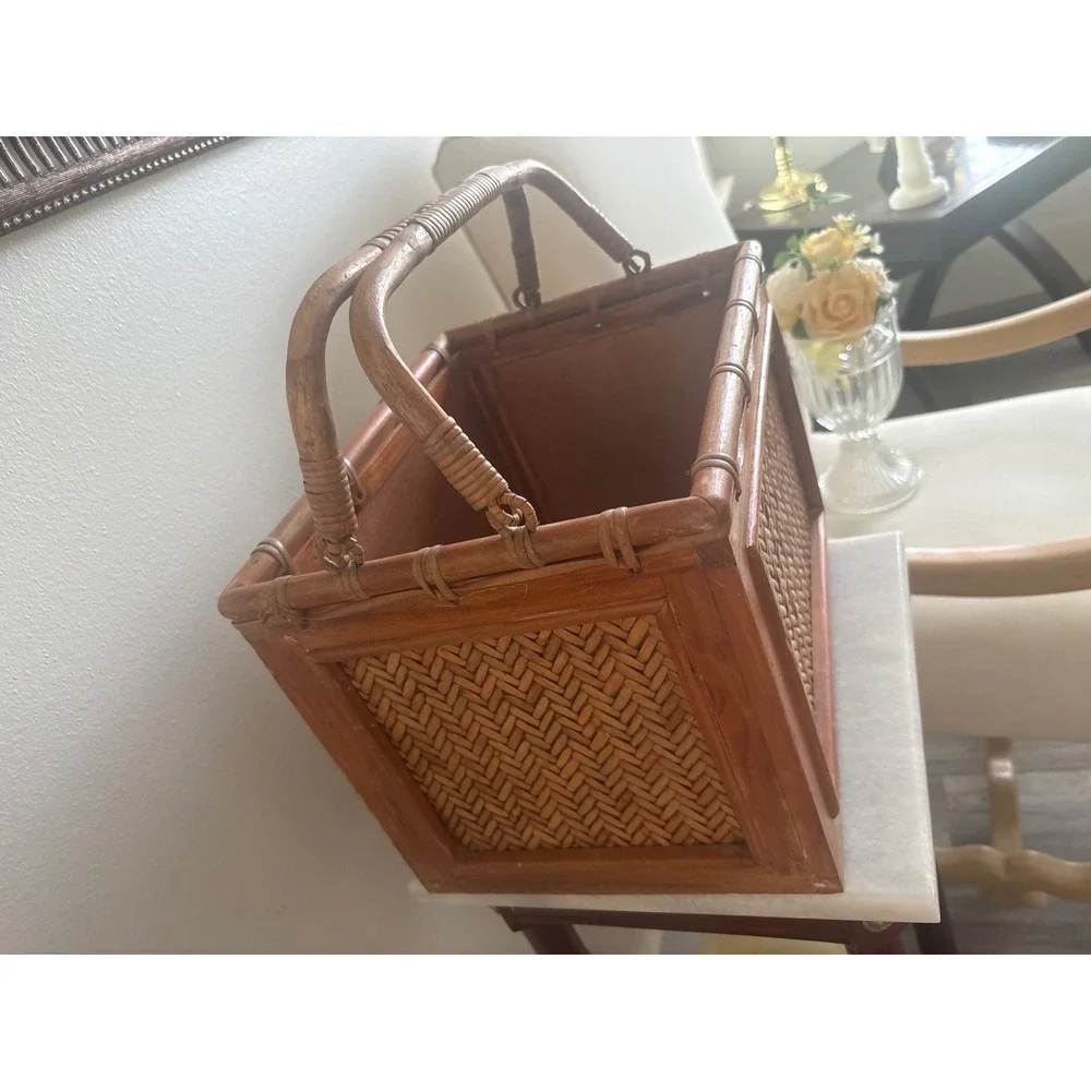 Vintage Woven Rattan Bamboo Wood Rectangular Basket w/ Bamboo Swing Handles MCM